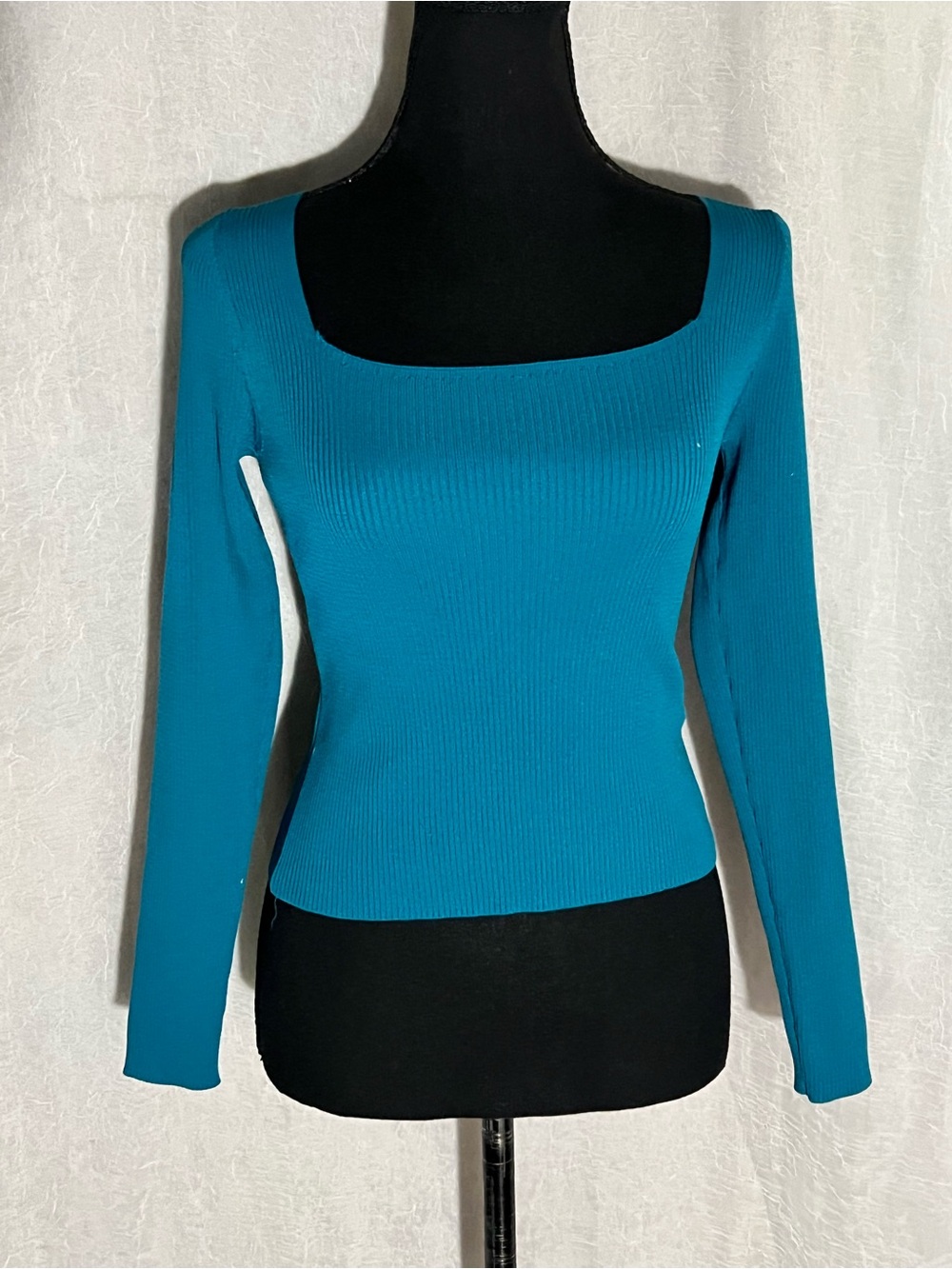 Turquoise Square Neck Ribbed Long-Sleeve knit top -cropped